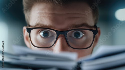 Young man with glasses looks surprised and overwhelmed while staring at large stack of paperwork, expressing stress and focus in office environment