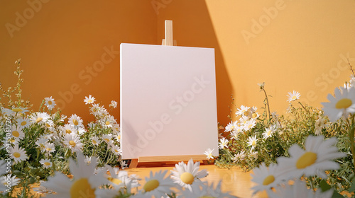 Blank canvas on wooden easel surrounded by blooming white daisies in sunlit room with orange walls, creating fresh and creative spring atmosphere