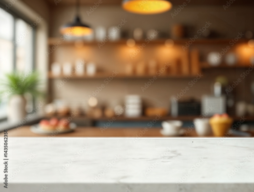 Kitchen table top for product display with blurred modern interior Kitchen table top for product display with blurred modern interior