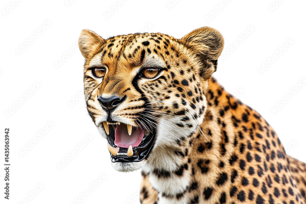 Obraz premium Powerful roar of a leopard captured in an intense portrait against a stark white background