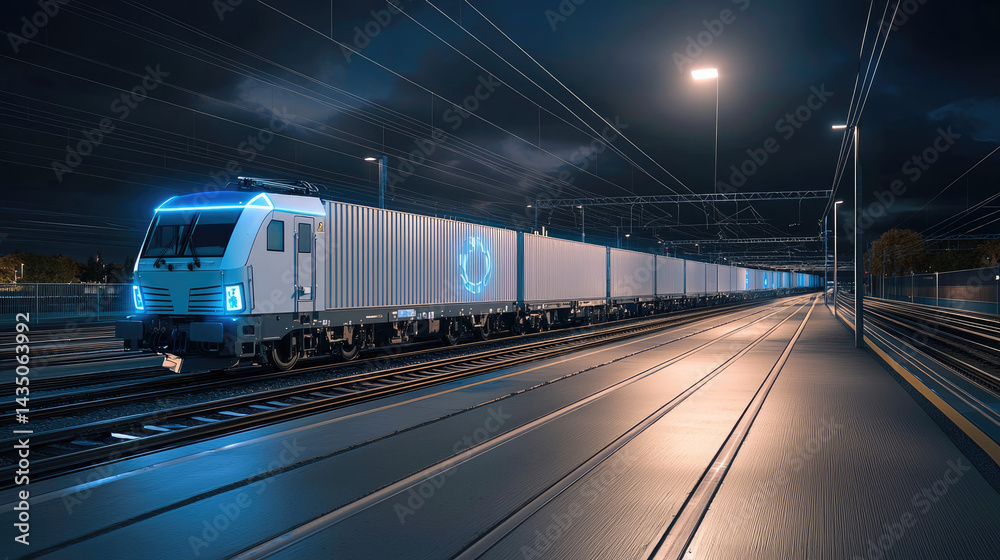 Modern electric freight train with illuminated blue accents travels on railway tracks at night, showcasing advanced logistics and efficient cargo transport under urban lights
