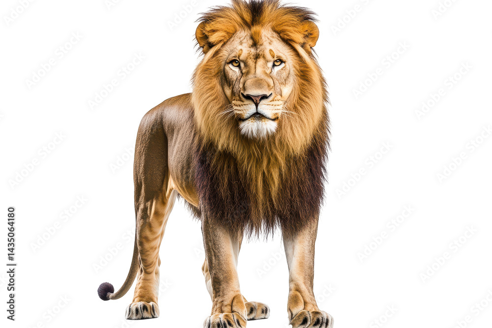 Fototapeta premium Wild lion exudes dominance while standing tall with sharp eyes on white studio background