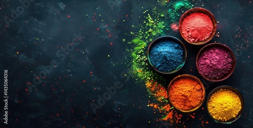 top view of colorful traditional holi powder in bowls isolated on dark background.Space for text . happy holi.Concept Indian color festival called Holi