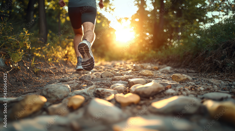 Rear view of runner jogging on rocky trail in forest at sunrise, sunlight streaming through trees, healthy lifestyle and determination concept