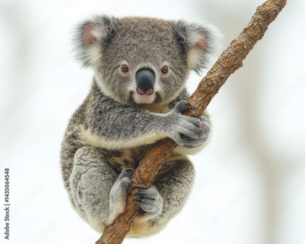 Fototapeta premium Cute koala clinging to a tree branch in a serene natural setting