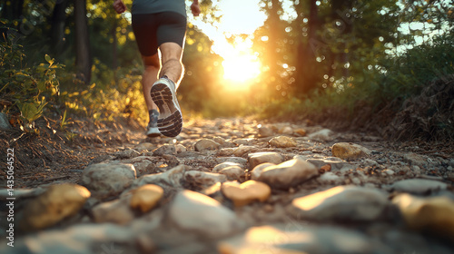 Obraz na płótnie Rear view of runner jogging on rocky trail in forest at sunrise, sunlight streaming through trees, healthy lifestyle and determination concept w salonie