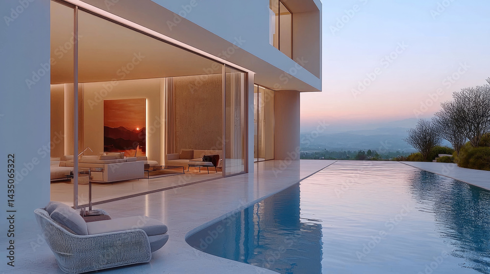 Modern minimal double storey house with large glass windows, infinity pool, outdoor lounge chair, serene sunset, and mountain view, creating peaceful and luxurious atmosphere