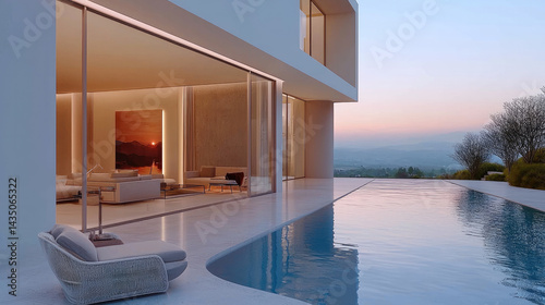 Obraz na płótnie Modern minimal double storey house with large glass windows, infinity pool, outdoor lounge chair, serene sunset, and mountain view, creating peaceful and luxurious atmosphere w salonie