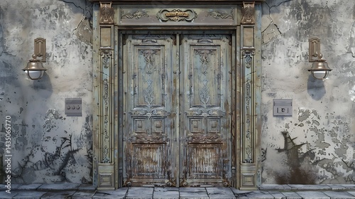 Ornate Double Doors with Lizard Murals and Level Plaques