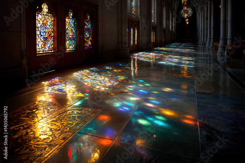 Stained glass windows in the nave of the Cathedral of St. Patrick, Galway, showcasing vibrant colors and intricate religious designs.