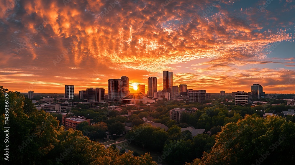 Fototapeta premium Vibrant sunset over a city skyline.