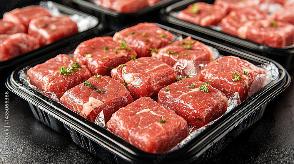 Fresh raw beef steak pieces arranged in black plastic trays, garnished with herbs, ready for sale or cooking, showcasing freshness and quality in supermarket or butcher shop setting