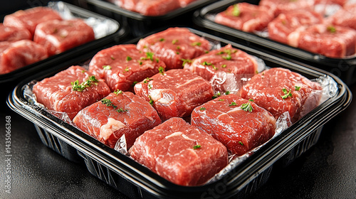Obraz na płótnie Fresh raw beef steak pieces arranged in black plastic trays, garnished with herbs, ready for sale or cooking, showcasing freshness and quality in supermarket or butcher shop setting w salonie