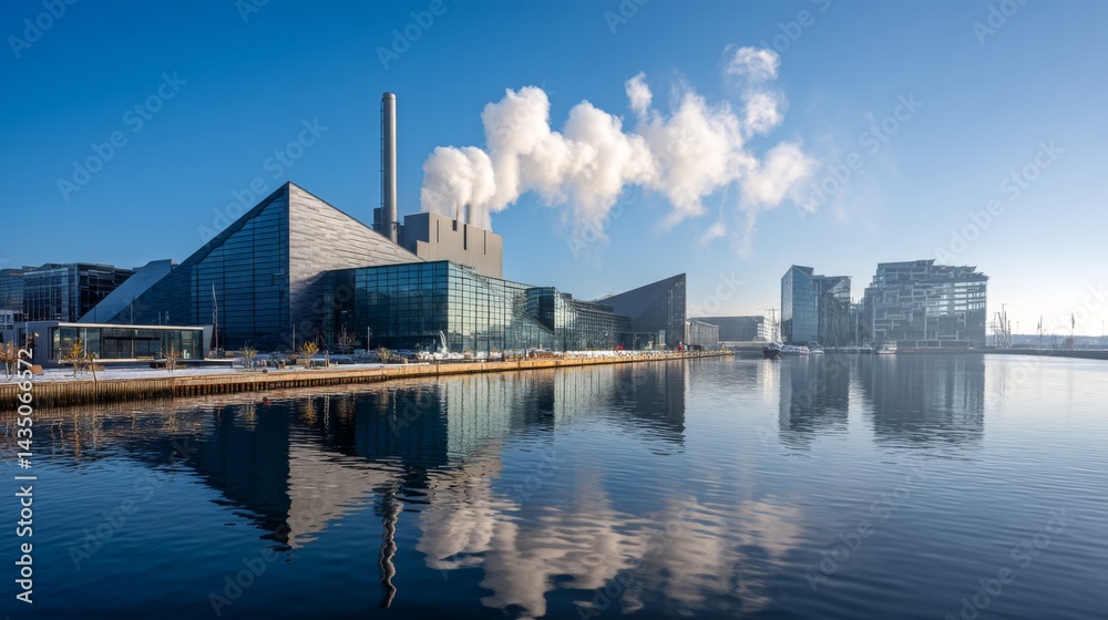 Naklejka premium steam vortices swirling from cooling towers at night, their patterns reflected in black mirror-like waters, illuminated by the plant's amber safety lights