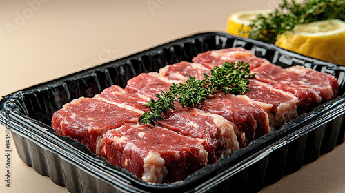 Fresh raw beef steak in black plastic tray with herbs, ready for cooking, isolated on beige background, showing marbled texture and freshness, perfect for meal preparation