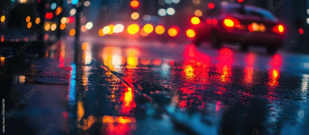 Obraz premium City street illuminated at night after a rainfall with wet surfaces