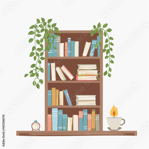 A tall, dusty bookshelf with uneven stacks of old hardcover books, ivy vines creeping through the shelves, and a single candle burning beside a teacup filled with bookmarks.
