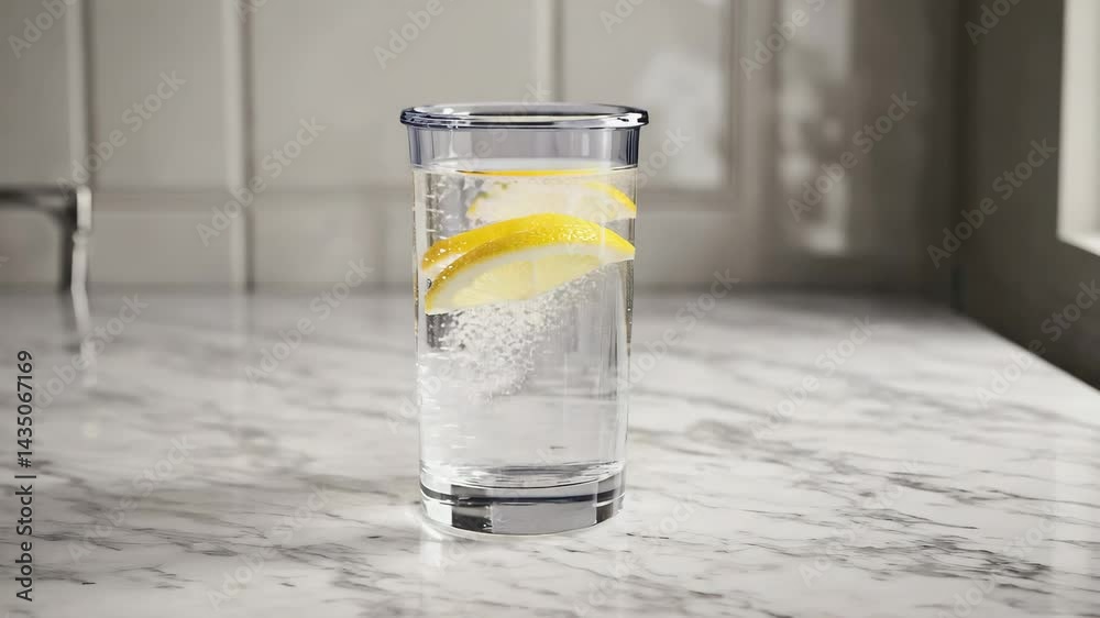 Refreshing glass of water with a bright lemon slice perfectly placed on the rim of the glass