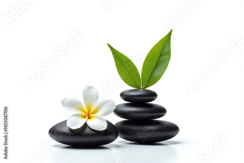 white flower sitting on top of a pile of black stones