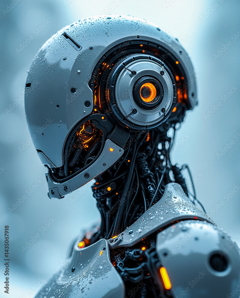High-tech robot with orange lights in upper torso glows against vertical snowy sci-fi background High-tech robot with orange lights in upper torso glows against vertical snowy sci-fi background