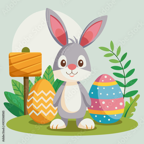 A rabbit with easter eggs beside an egg
