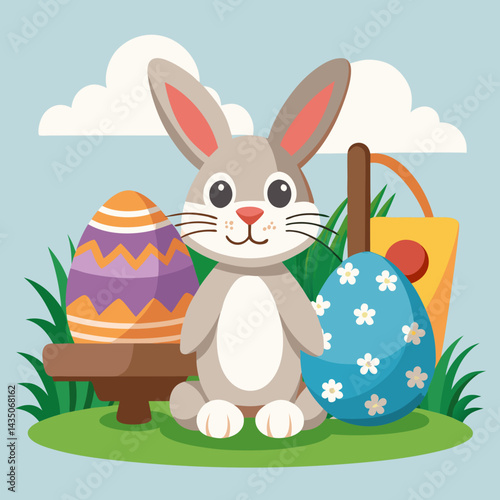 A rabbit with easter eggs beside an egg