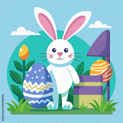 A rabbit with easter eggs beside an egg