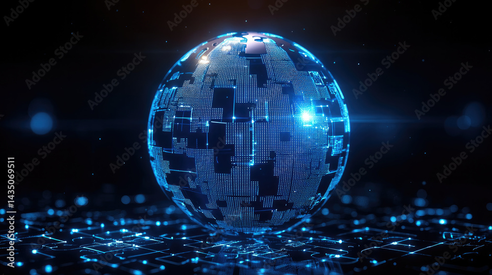Futuristic digital sphere glowing blue technology cyber abstract data network modern innovation energy floating above illuminated grid