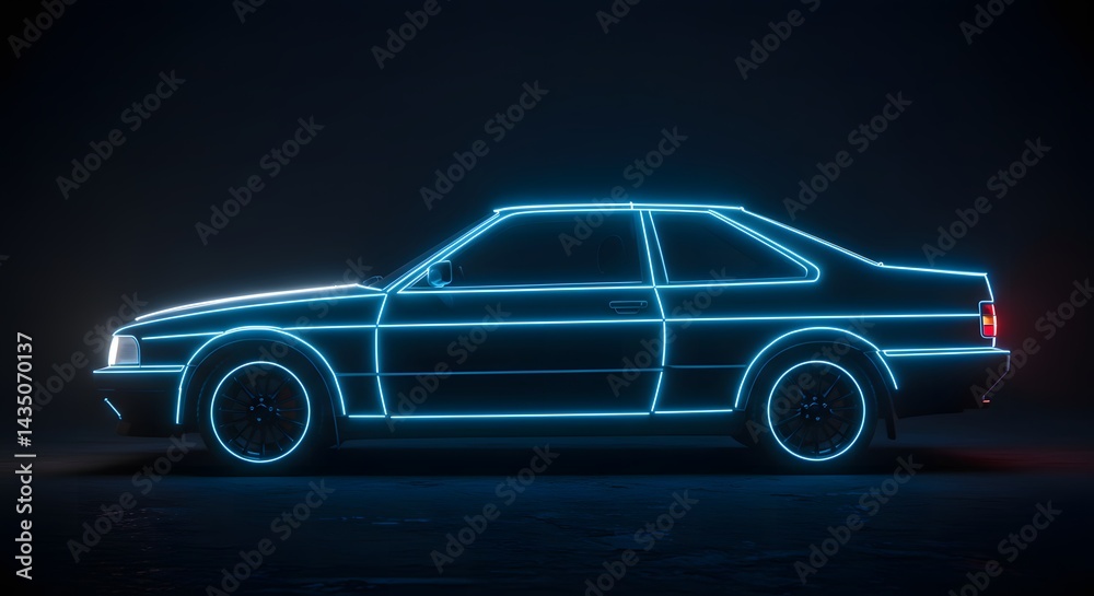 Fototapeta premium Futuristic Car with Neon Lights Outlining Design on Dark Background