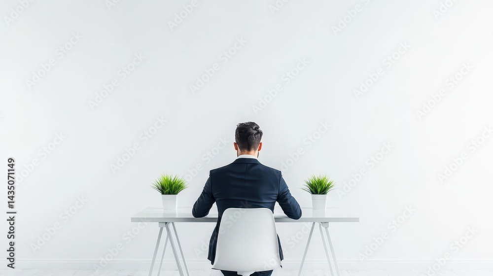 A man in a suit sits at a minimalist desk with two potted plants, facing a blank wall, creating a professional and serene atmosphere.