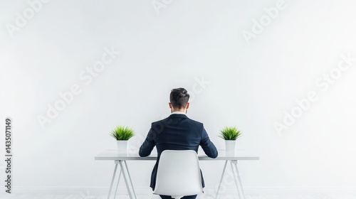 A man in a suit sits at a minimalist desk with two potted plants, facing a blank wall, creating a professional and serene atmosphere.