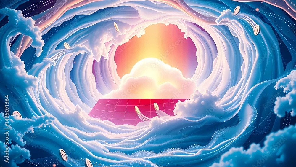 Obraz premium A surreal landscape filled with clouds, sunlight, swirling energy, a magical atmosphere, and a captivating fantasy vibe
