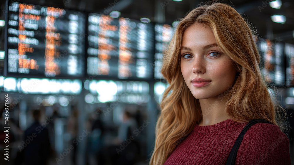 Young woman with long blonde hair in red sweater stands at busy airport terminal, smiling softly with digital departure board in background