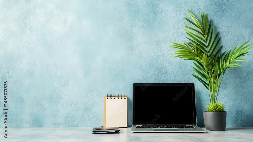 A modern workspace featuring a laptop, a notepad, and a potted plant against a textured blue wall, creating a calm and productive atmosphere.