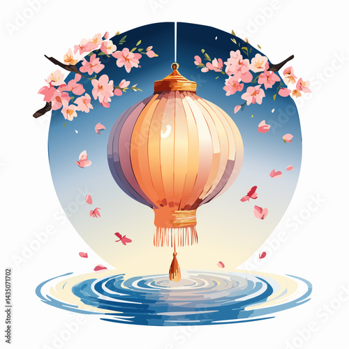 A delicate paper lantern painted with watercolor cherry blossoms, gently drifting in a dark sky, its warm light reflecting softly off a rippling lake below.
