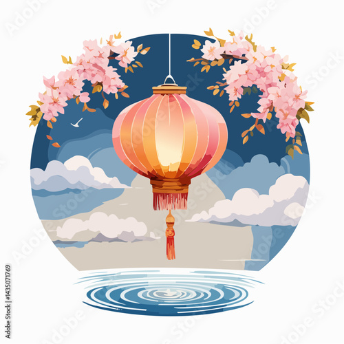 A delicate paper lantern painted with watercolor cherry blossoms, gently drifting in a dark sky, its warm light reflecting softly off a rippling lake below.
