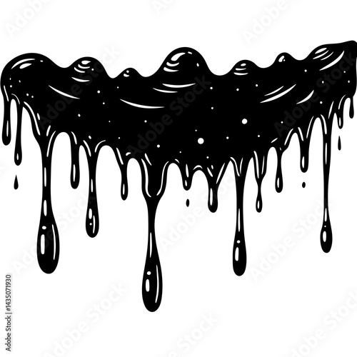 A black and white photo of a line of dripping dripping liquid  on a white background (
