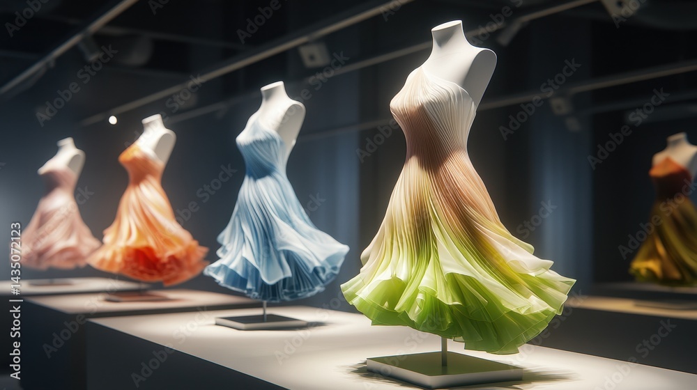 A display of elegant, colorful dresses showcased on mannequins in a modern exhibition space, highlighting fashion design and artistry.