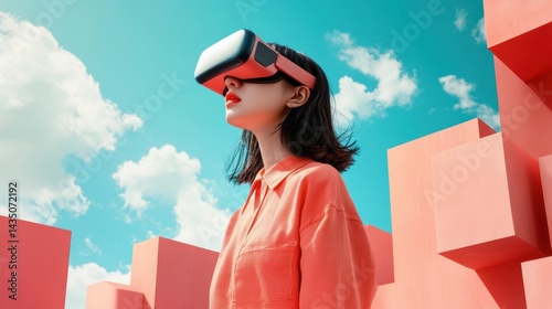 A woman wearing VR goggles stands against a vibrant sky and geometric pink shapes, embodying technology and modernity.