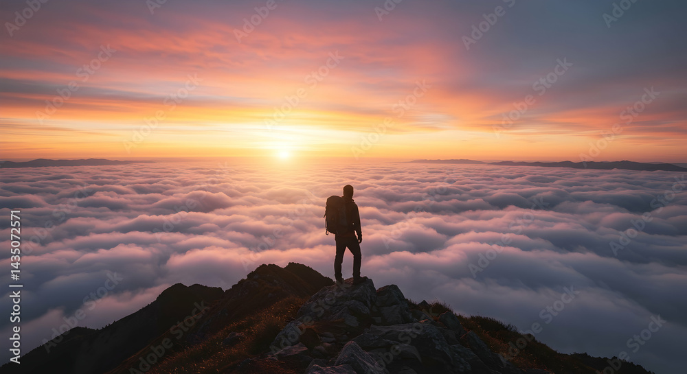 Hiker stands on mountain peak above clouds at sunrise achieving success motivation inspiration leadership goals journey travel adventure Hiker stands on mountain peak above clouds at sunrise achieving success motivation inspiration leadership goals journey travel adventure