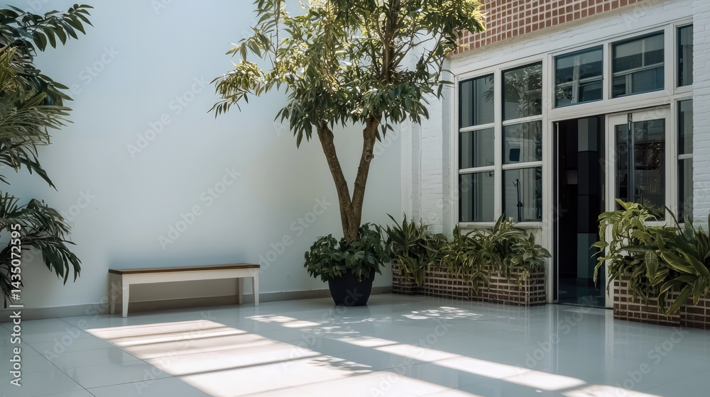 Bright modern indoor courtyard with large potted tree, white tiled floor, glass doors, and natural sunlight casting shadows, creating peaceful and inviting atmosphere