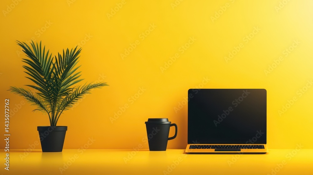 A modern workspace featuring a laptop, a coffee cup, and a potted plant, all set against a vibrant yellow wall.