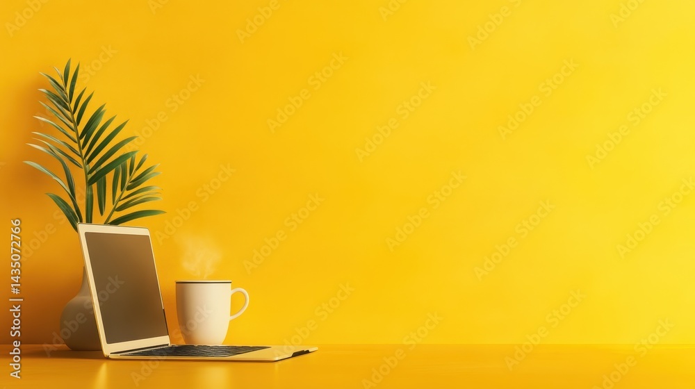 A cozy workspace featuring a laptop, a steaming cup, and a plant against a vibrant yellow background, creating an inviting atmosphere.