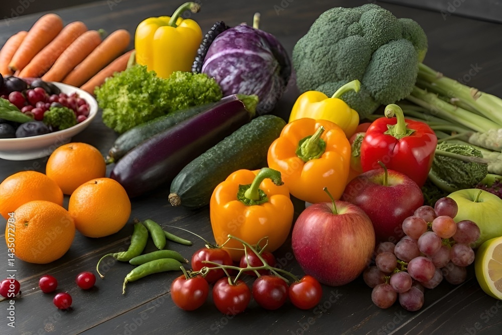 Fresh Colorful Fruits and Vegetables on Wooden Surface – Realistic Food Display Fresh Colorful Fruits and Vegetables on Wooden Surface – Realistic Food Display