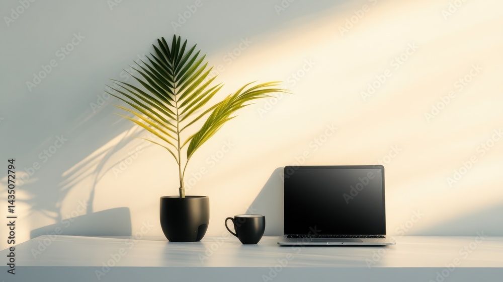 A modern workspace featuring a laptop, a black coffee cup, and a potted palm, illuminated by soft sunlight.