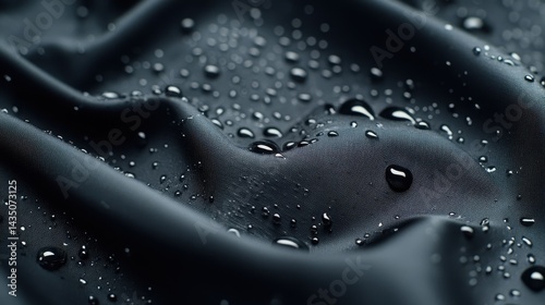 Obraz na płótnie A close-up image of dark fabric with water droplets, showcasing texture and reflections, emphasizing a sleek and modern aesthetic. w salonie