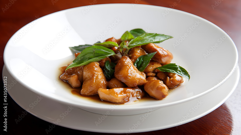 Tender Chicken Pieces Braised with Fresh Basil and Savory Sauce in Equal Parts for a Delicious Meal Tender Chicken Pieces Braised with Fresh Basil and Savory Sauce in Equal Parts for a Delicious Meal