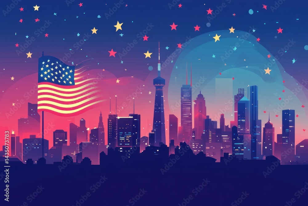 Fototapeta premium flat design poster for USA Independence Day, star-studded background, waving American flag, clean layout