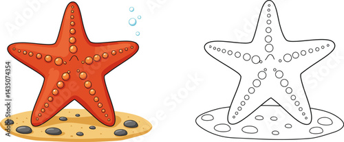 Starfish in Sandy Beach: A vibrant starfish sits gracefully on a sandy beach, embodying tranquility, with bubbles rising. Beside the color drawing is the outline to bring the charm.
