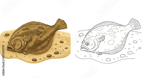 Fish on Sand: An illustration of a flatfish resting on sand, showcasing its unique shape and coloration in a detailed drawing, highlighting the natural textures and patterns.